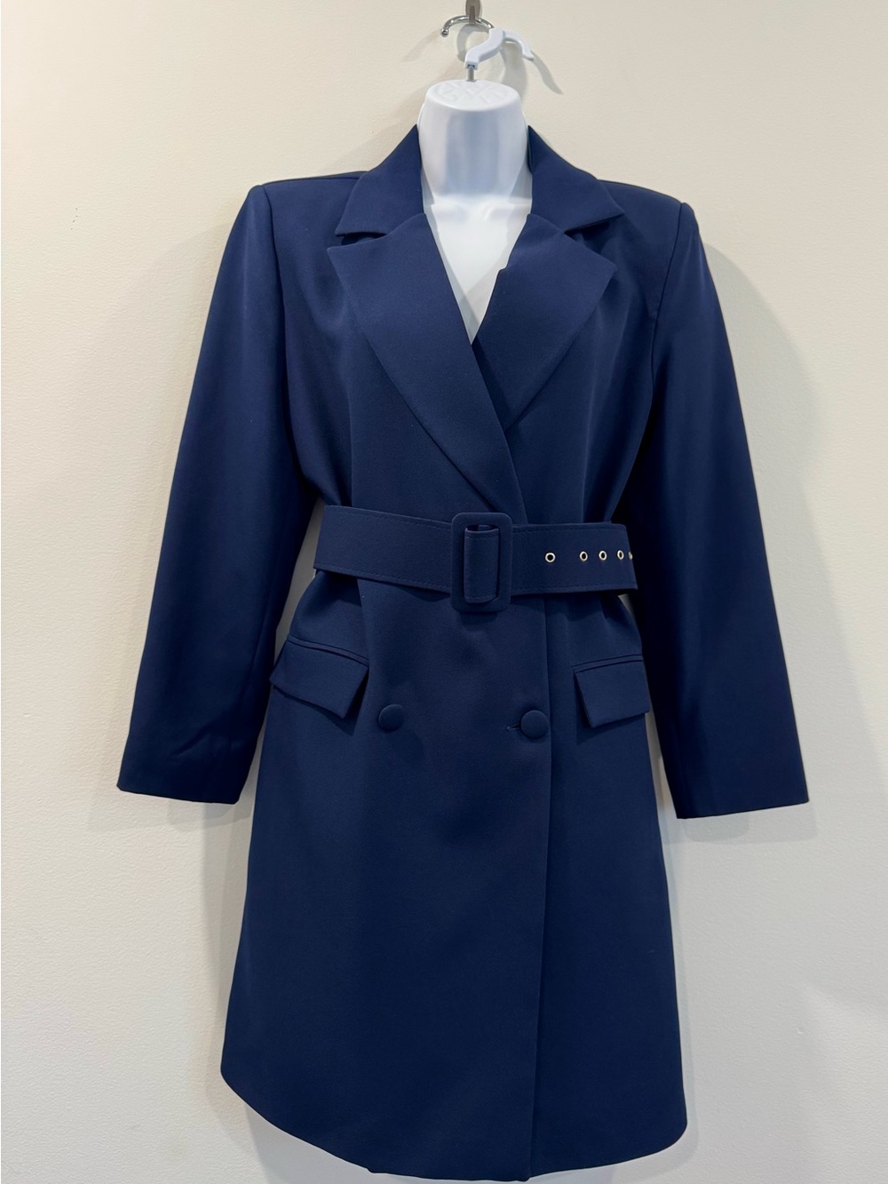 Structured Navy Long-Sleeve Belted Blazer-Dress